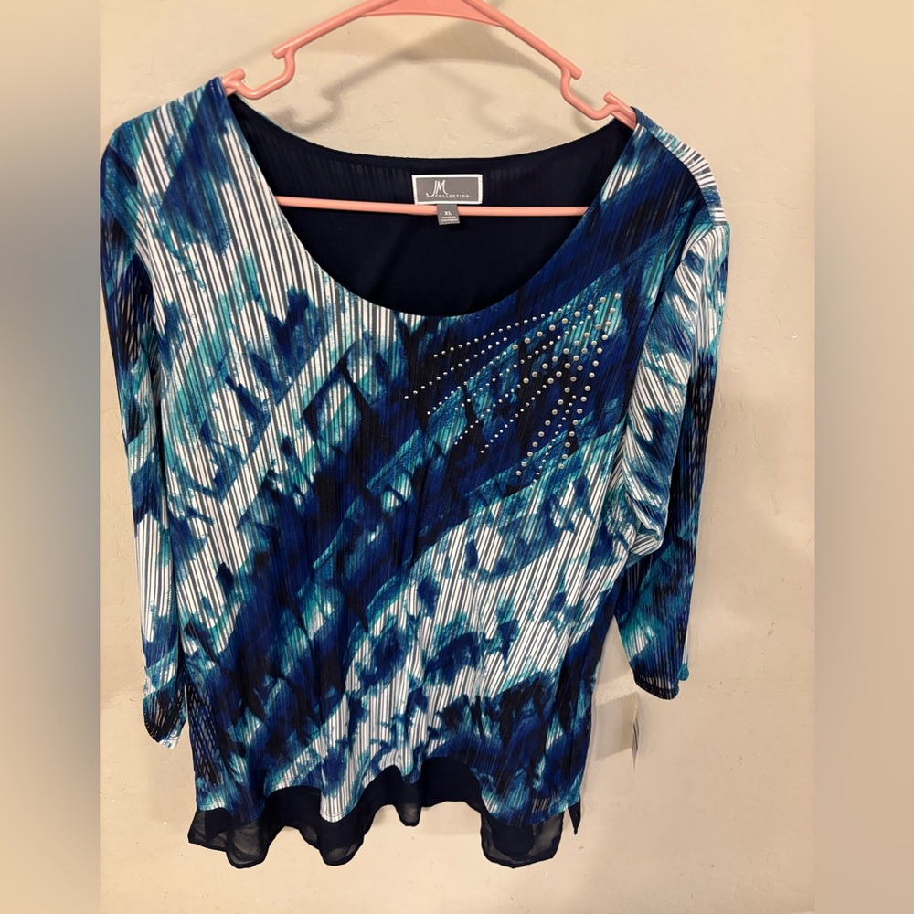JM Collection Blue & White Patterned Scoop Neck Top with Rhinestones